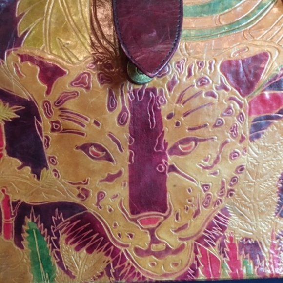 Leather w/ Leopard Safari Embossed Dyed Shantiniketan Stand Up Handbag - Picture 6 of 14